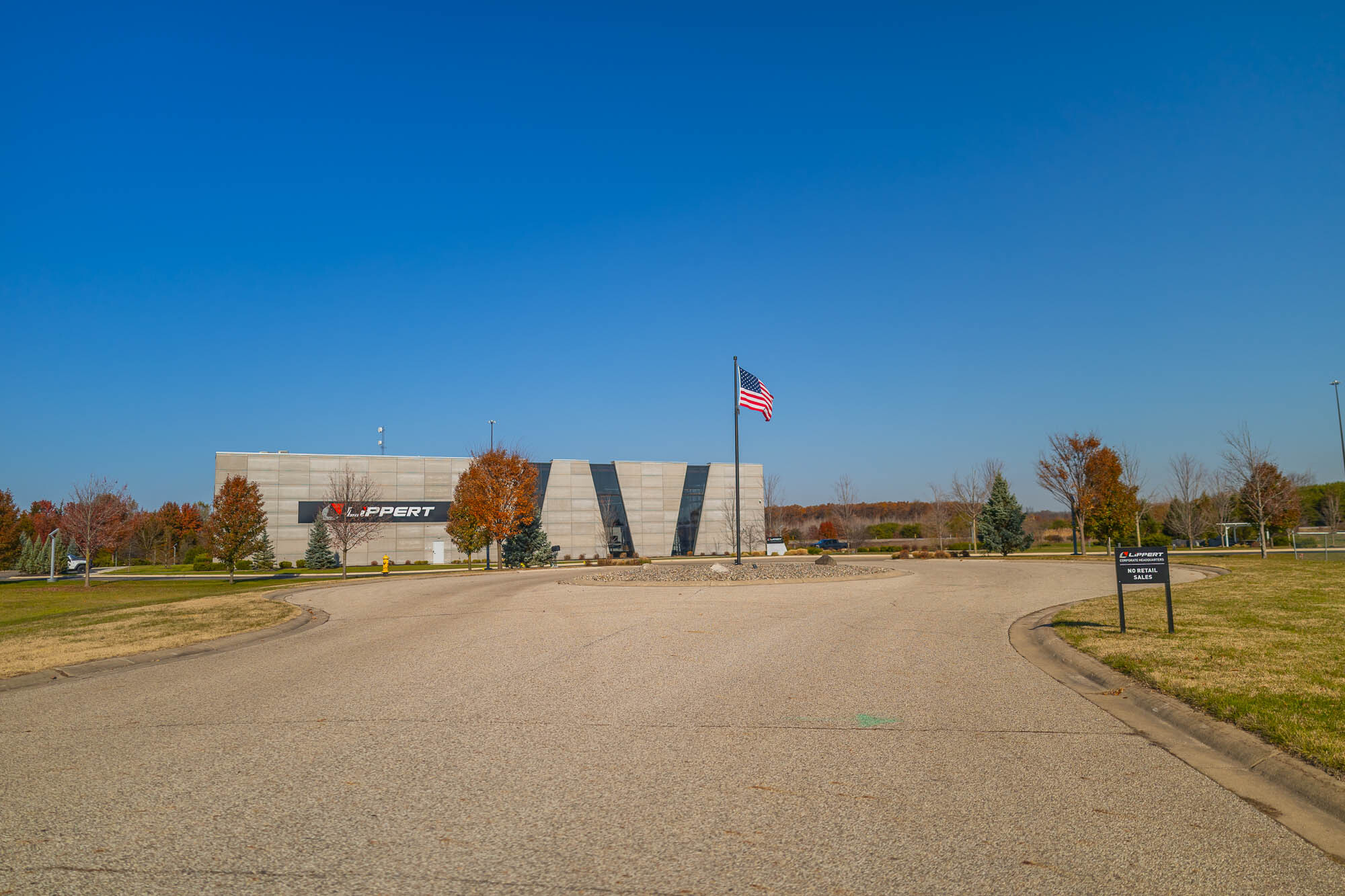 The round about in front of Lippert, near the RV hall of fame.